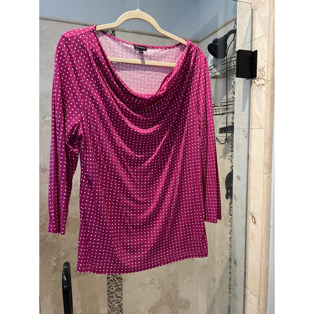 Talbots Shirt Womens Large Long Sleeve Cowl Neck Pink White Polka Dot Stretch